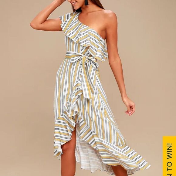 LULU’s  High Tide Yellow White Striped One Shoulder Ruffled Midi Dress sz‎ small - Picture 1 of 13
